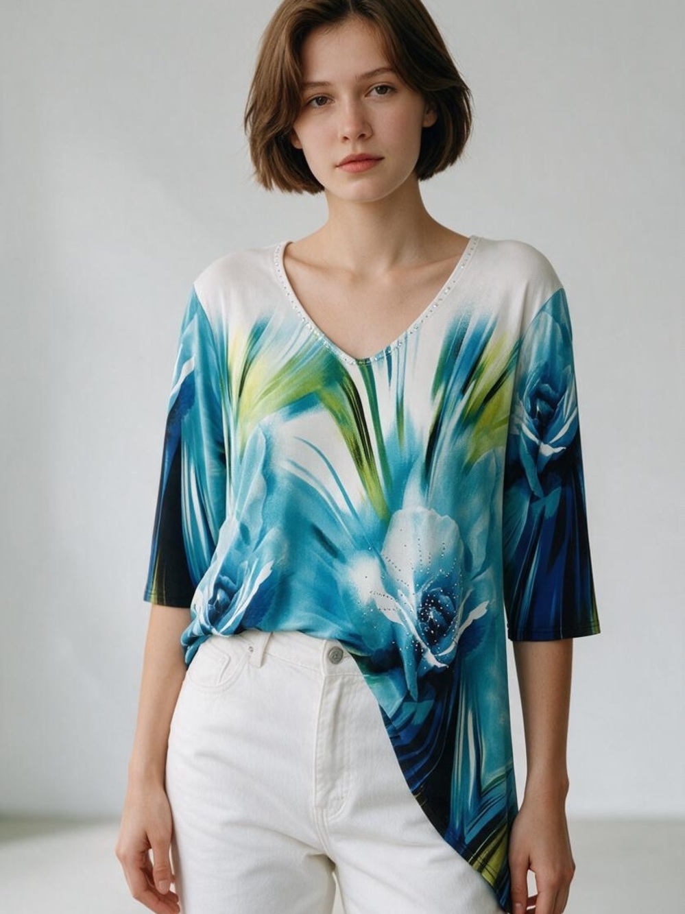 Valentina Floral Asymmetrical Tunic Top Medium Rhinestone V Neck Blue Green